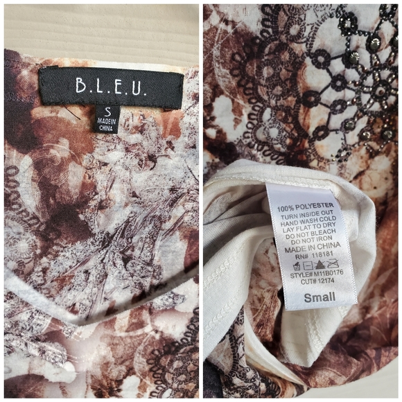 B.L.E.U Mixed Graphic Printed Steampunk Gears Embellished Burn-out Tee Tunic Top - Picture 2 of 12